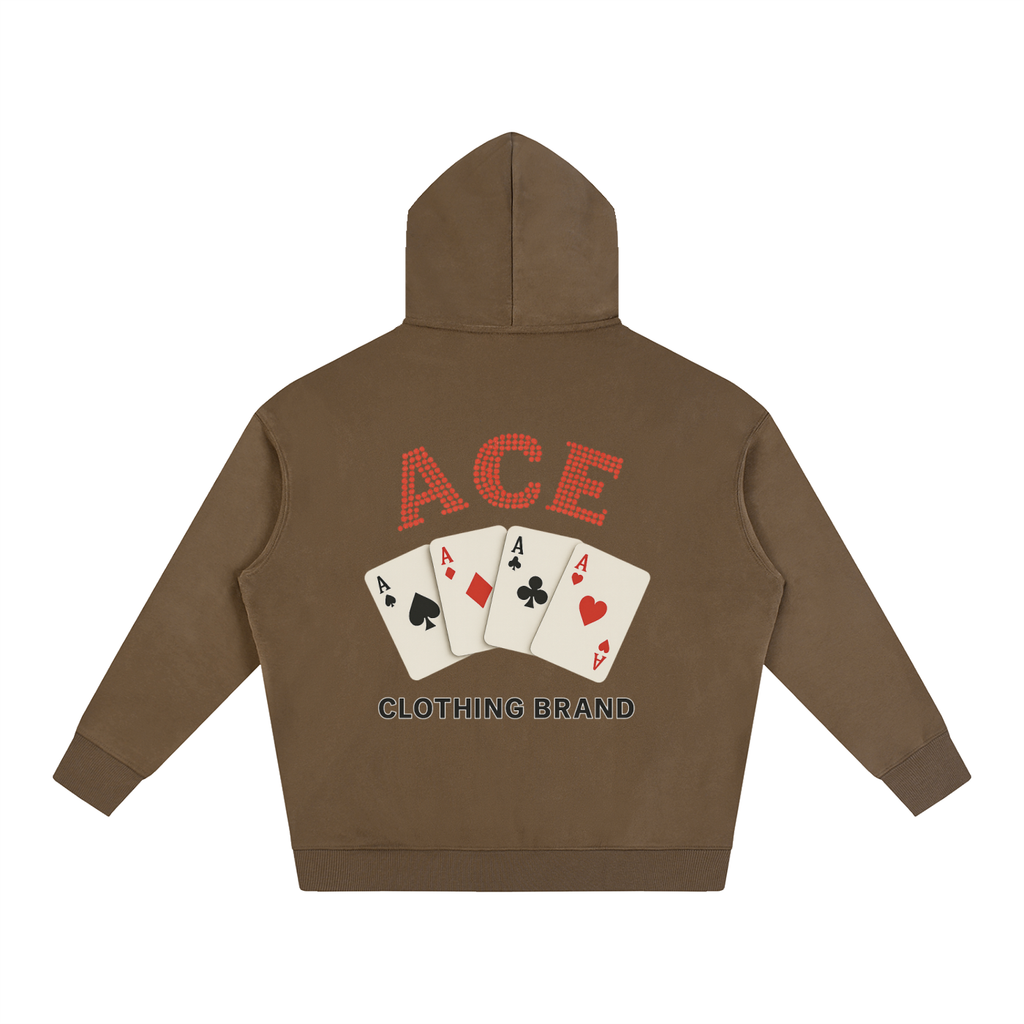 Cards Hoodie by Ace Clothing — 350 g/m² card-print hoodie in Brown, back view