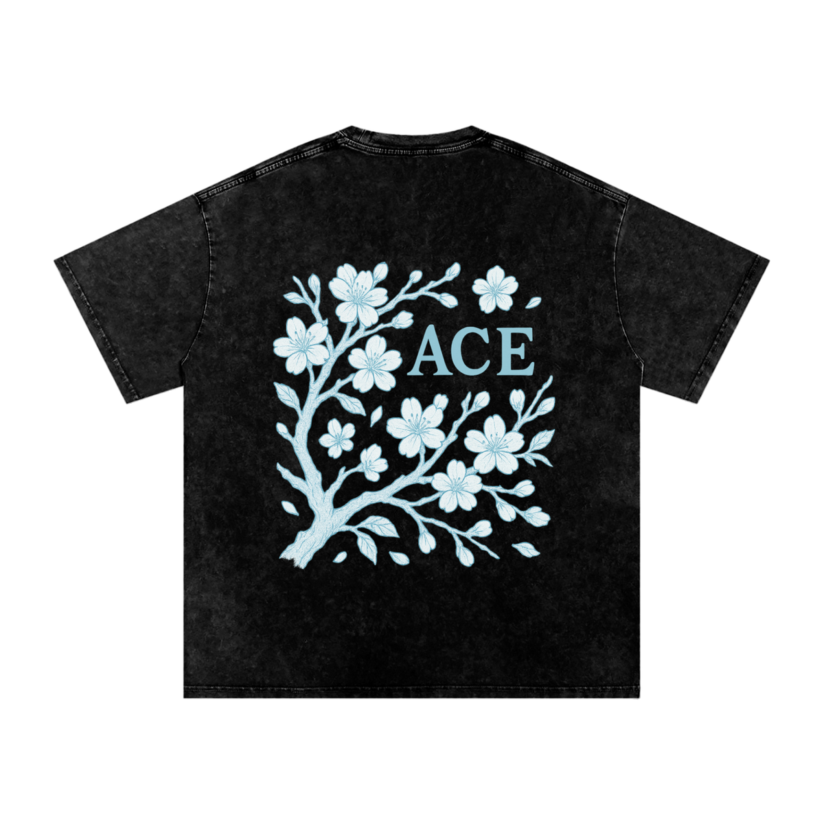Blossom Tee by Ace Clothing — 250 g/m² snow-washed blossom-print tee in Black, back view