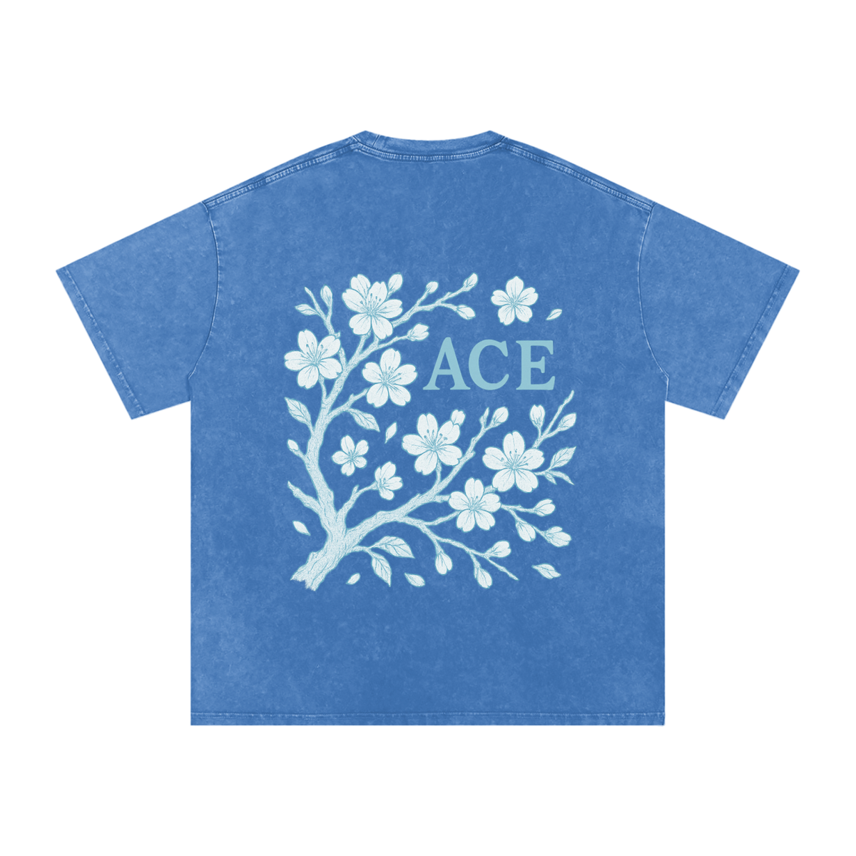 Blossom Tee by Ace Clothing — 250 g/m² snow-washed blossom-print tee in Light Blue, back view